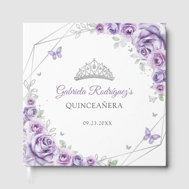 Livro De Visitas Quinceanera Lilac Purple Silver Floral (Frente)
