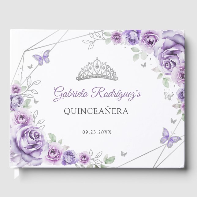 Livro De Visitas Quinceanera Lilac Purple Silver Floral Details (Frente)