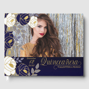 Livro De Visitas Quinceanera Marinho Azul Floral Botânico