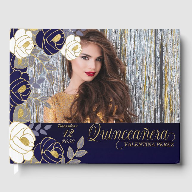Livro De Visitas Quinceanera Marinho Azul Floral Botânico (Frente)