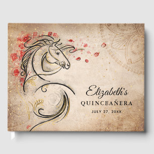 Livro De Visitas Quinceanera Mexicana Ranchera Vermelha e Dourada
