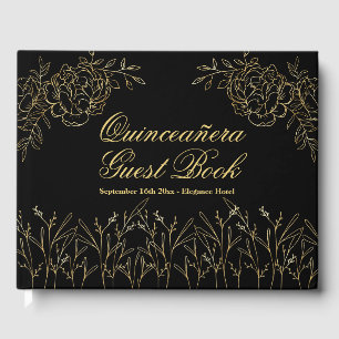 Livro De Visitas Quinceanera Preto e Elegante Dourado Esboçado Flo