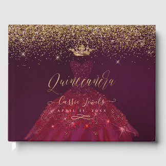 Livro De Visitas Quinceanera Princess Glitter Gown, Borgonha+Dourad