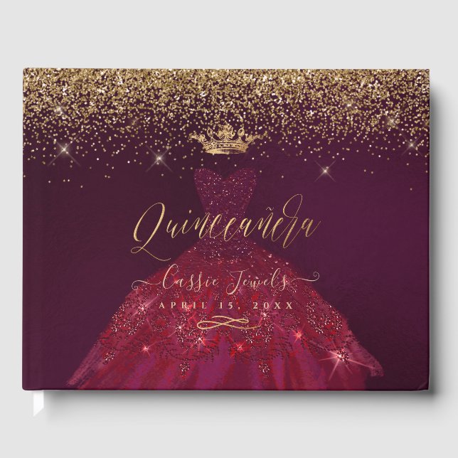 Livro De Visitas Quinceanera Princess Glitter Gown, Borgonha+Dourad (Frente)