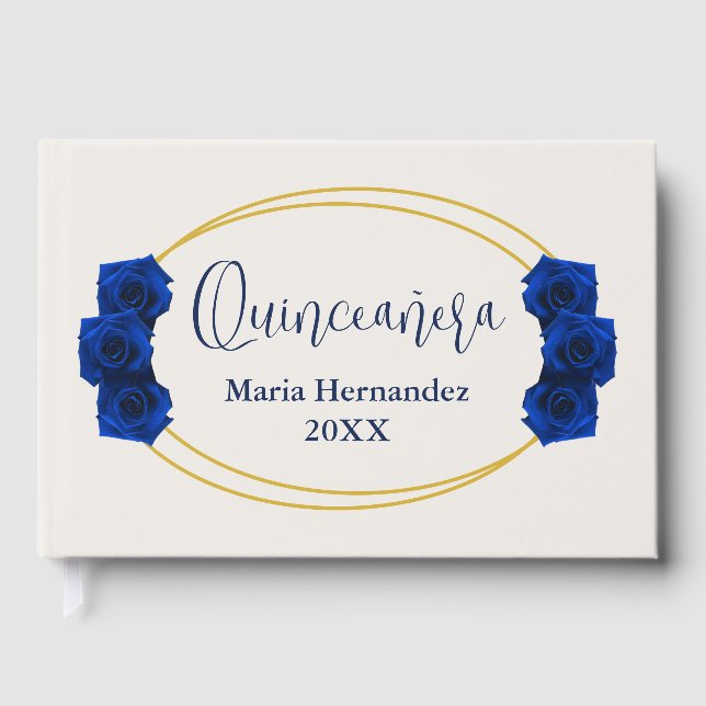 Livro De Visitas Quinceañera Real Azul e Geométrica Dourada (Frente)