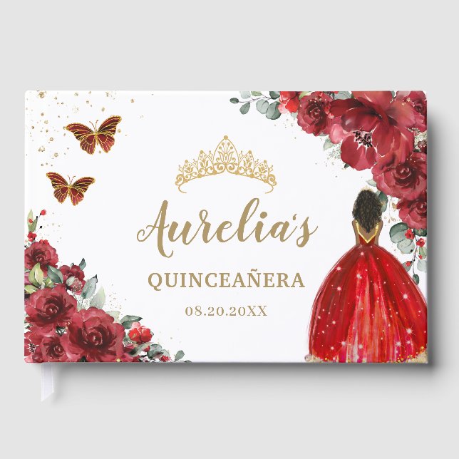 Livro De Visitas QUINCEAÑERA Red Floral Rosas Brown Princess (Frente)