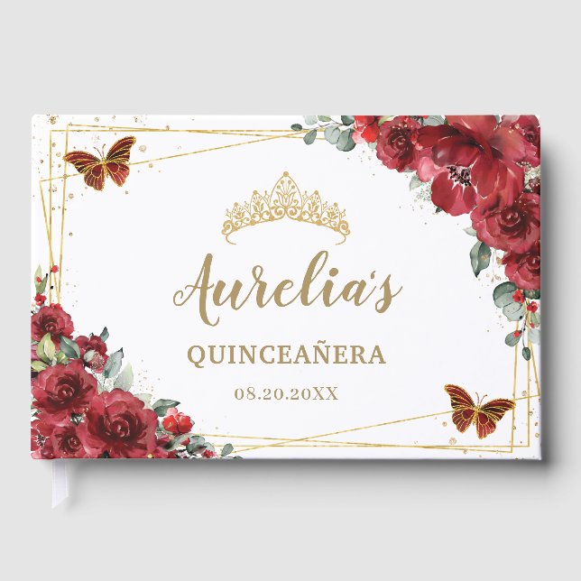 Livro De Visitas QUINCEAÑERA Rosas vermelhos Dourados Borboletas (Frente)