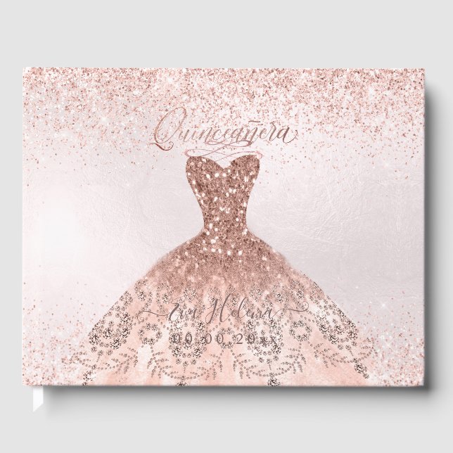 Livro De Visitas Quinceañera, vestido brilhante, rosa dourado (Frente)