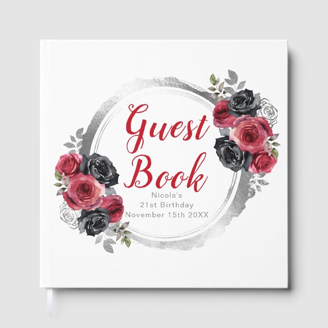 Livro De Visitas Red and Silver Elegant Flowers Birthday Party (Frente)
