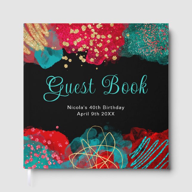 Livro De Visitas Red and Teal Blue Alcohol Ink Birthday Guest Book (Frente)