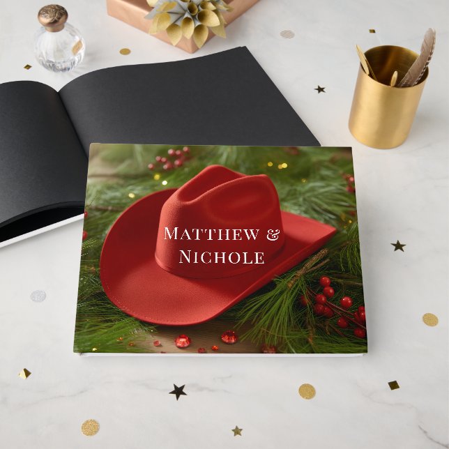 Livro De Visitas Red Christmas Cowboy Hat Wedding (Frente aberta)