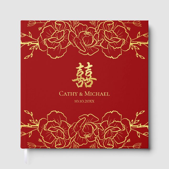 Livro De Visitas Red gold floral border chinese casamento duplo xi (Frente)