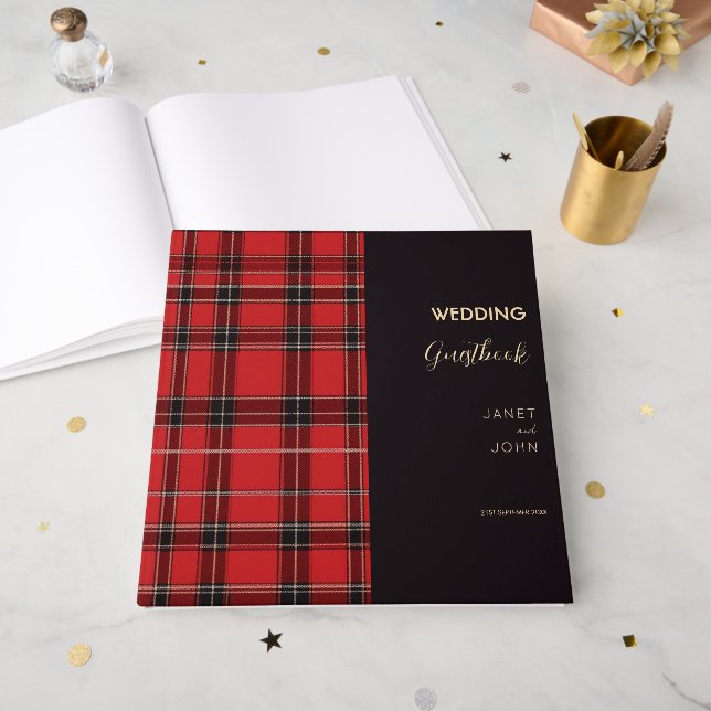 Livro De Visitas Red Scottish Tartan Wedding (Frente aberta)