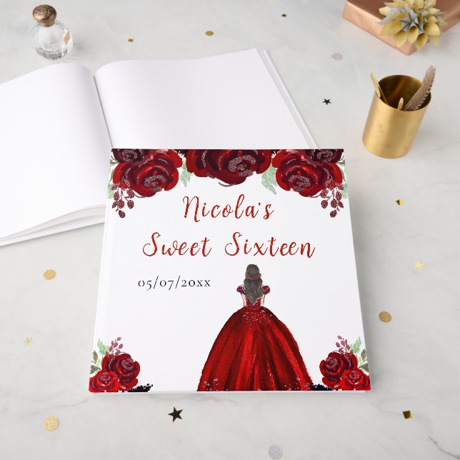 Livro De Visitas Red Sweet, Princesa de Cabelo Castanho, Dezesseis  (Frente aberta)