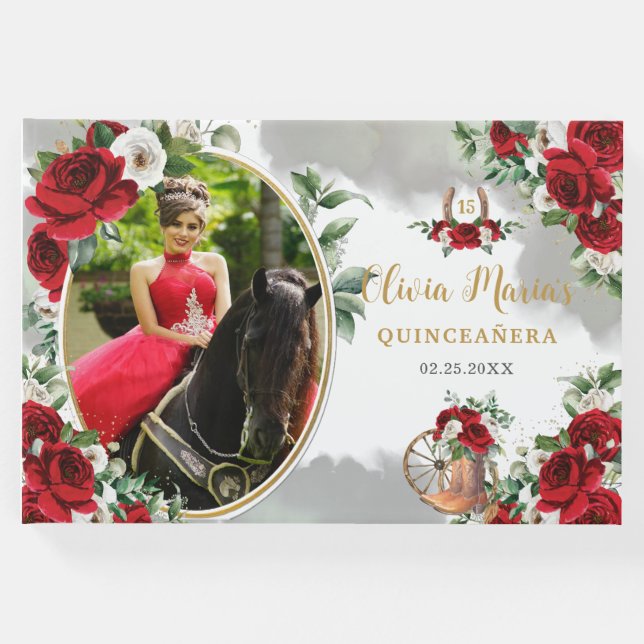 Livro De Visitas Red White Floral Charro Boots Quinceanera Foto (Frente)