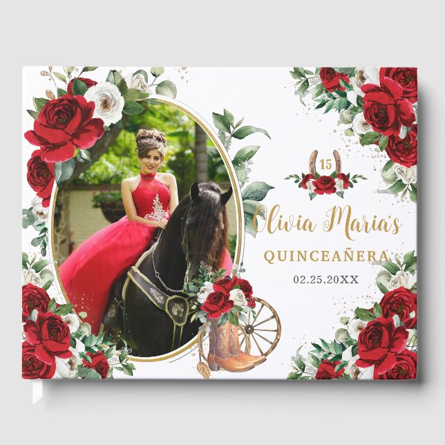 Livro De Visitas Red White Floral Charro Boots Quinceanera Foto (Frente)