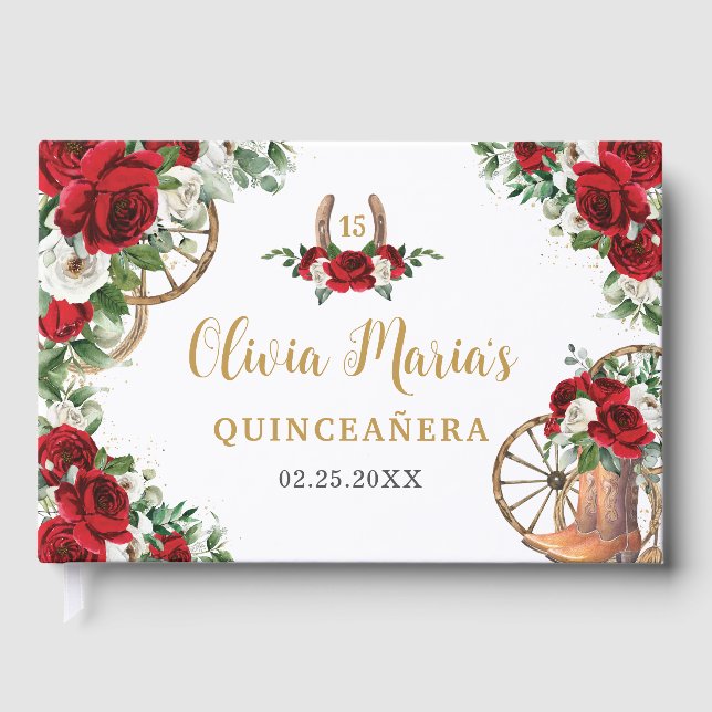 Livro De Visitas Red White Floral Charro Cowboy Boots Quinceanera (Frente)
