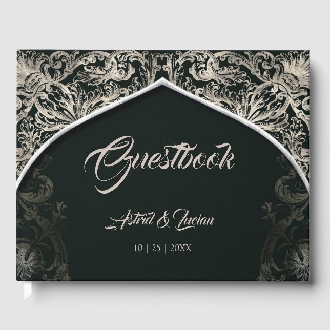 Livro De Visitas Regal Silver Flourish Hunter Green Wedding (Frente)