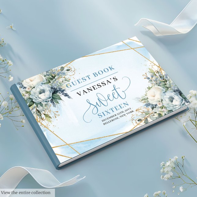 Livro De Visitas Rico Pastel Blue Dourado Floral Sweet Sessenta (Fancy Pastel Blue White Gold Floral Sweet Sixteen Guest Book)