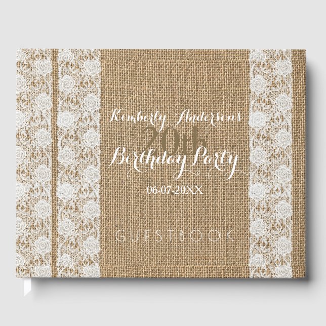 Livro De Visitas Românico Lace Burlap 20 Birthday Guest Book (Frente)