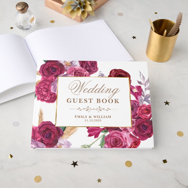 Livro De Visitas Romantic Dark Moody Burgundy Maroon Floral Wedding (Frente aberta)