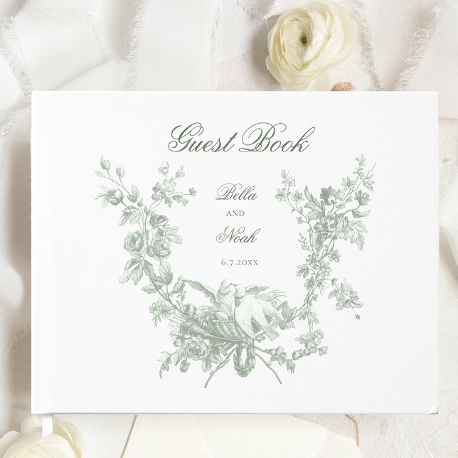 Livro De Visitas Romantic Sage Floral Wreath w/Lovebirds Wedding (Criador carregado)