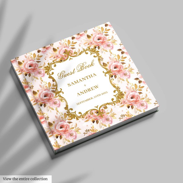 Livro De Visitas Romântica Blush Dourado Casamento Assinatura do Li (Romantic Blush Gold Wedding Guest Book Signing)
