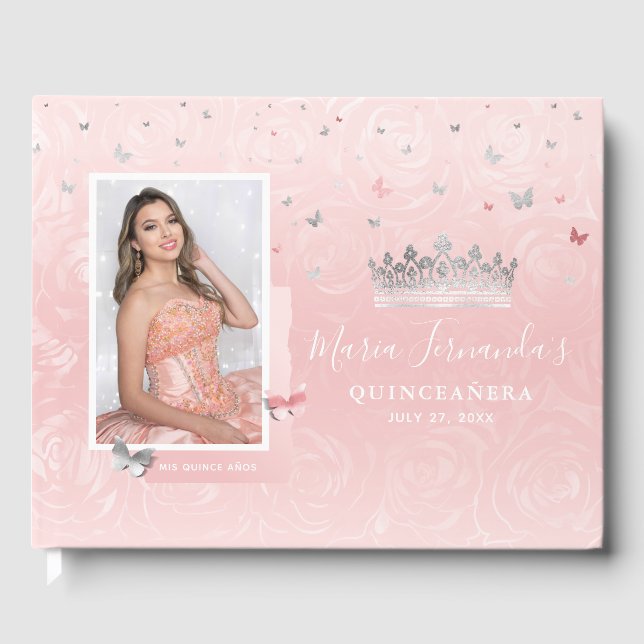 Livro De Visitas Rosa Bege Leve Prata Elegante Foto Quinceanera (Frente)