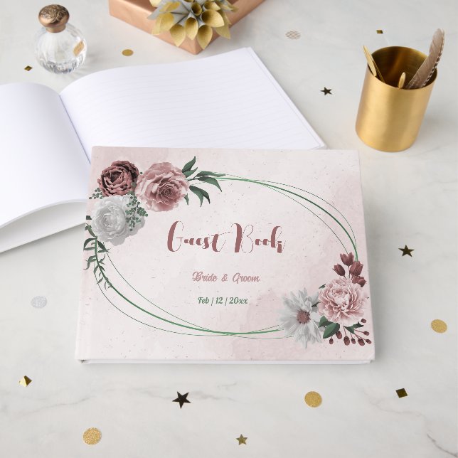 Livro De Visitas rosa branco de canela rosa, casamento geométrico (Frente aberta)