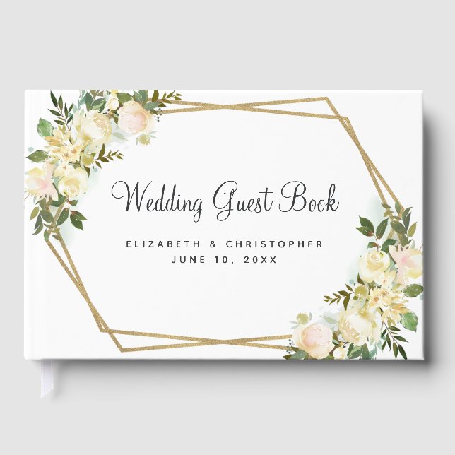 Livro De Visitas Rosa Casamento Branco Dourado Moldura Chic (Frente)