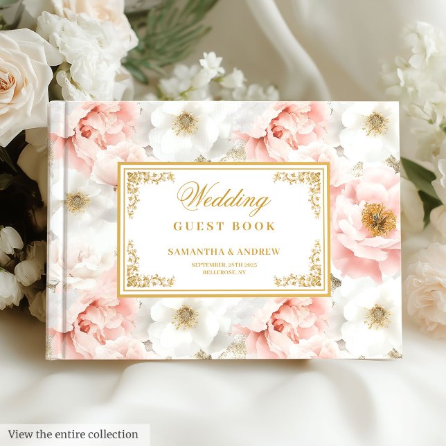Livro De Visitas rosa claro d'água bonito flores ouro casamento (Pretty watercolor light pink flowers gold wedding Guest Book)
