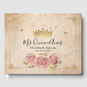 Livro De Visitas Rosa Corada e Coroa Dourada Elegante Quinceanera