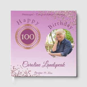 Livro De Visitas Rosa de Foto Personalizada com Glitter Dourado 100