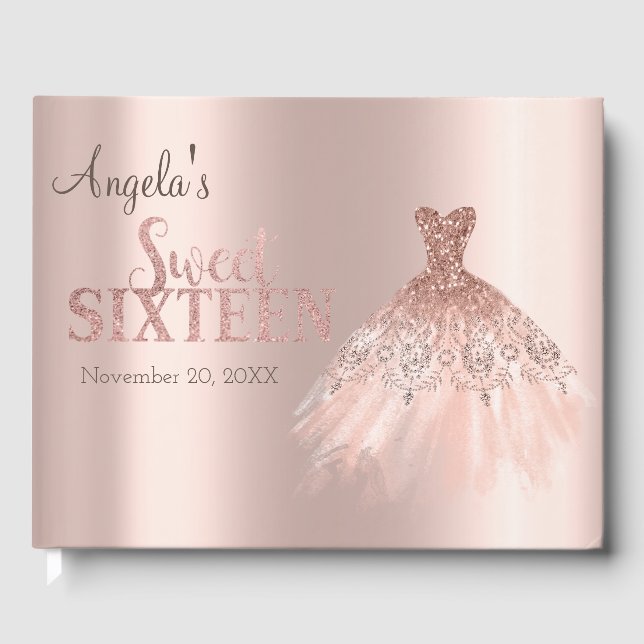 Livro De Visitas Rosa de Vestido Chic Dourado Sweet 16 (Frente)