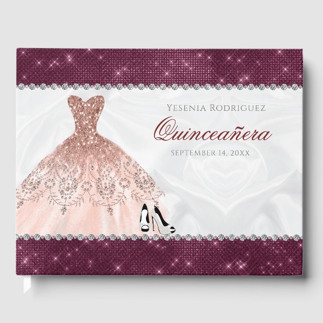 Livro De Visitas Rosa Dourada Burgundy Sparkle Glam Quinceañera (Frente)