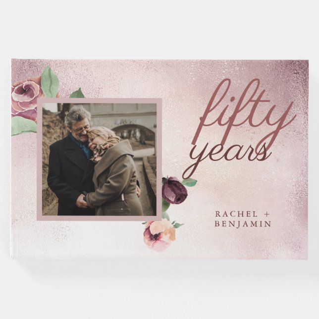 Livro De Visitas rosa Dourada Floral de 50 anos de casamento (Frente)