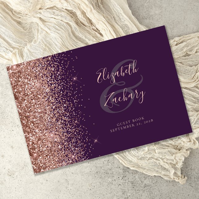 Livro De Visitas Rosa Dourada Glitter Moderno Roxo Escuro Script (Criador carregado)