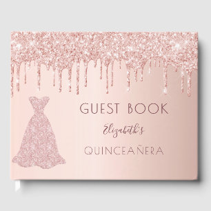 Livro De Visitas Rosa dourado brilha vestido cor-de-rosa Quinceaner