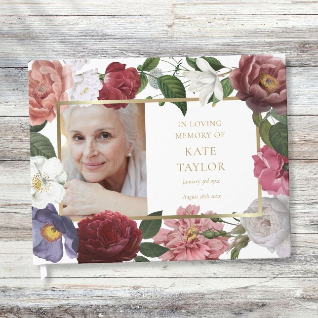 Livro De Visitas Rosa Floral Funeral Memorial Fotografia Guest Book (Roses Floral Funeral Memorial Photo Guest Book)