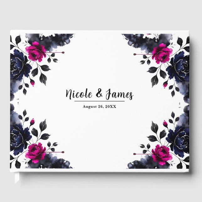 Livro De Visitas Rosa Magenta e Azul Floral Aguado de Noiva em Aqua (Frente)