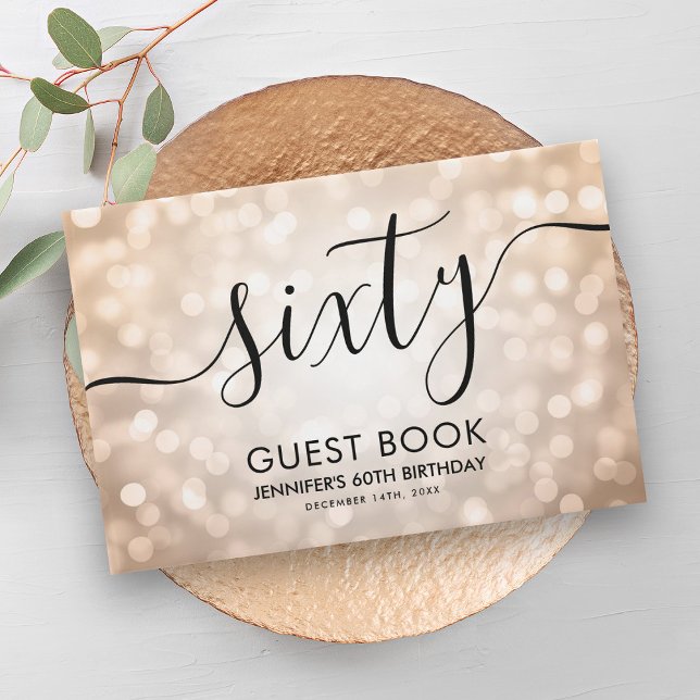 Livro De Visitas Rosa moderno Dourado Luz Brilhante Luzes 60º Anive (Modern Rose Gold Glitter Lights 60th Birthday Guest Book)
