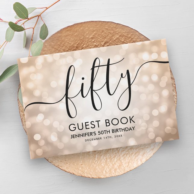 Livro De Visitas Rosa moderno Dourado Luzes Brilhantes 50º Aniversá (Modern Rose Gold Glitter Lights 50th Birthday Guest Book)