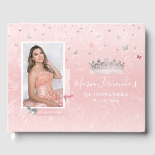 Livro De Visitas Rosa Pálido Brilho Prata Elegante Foto Quinceanera