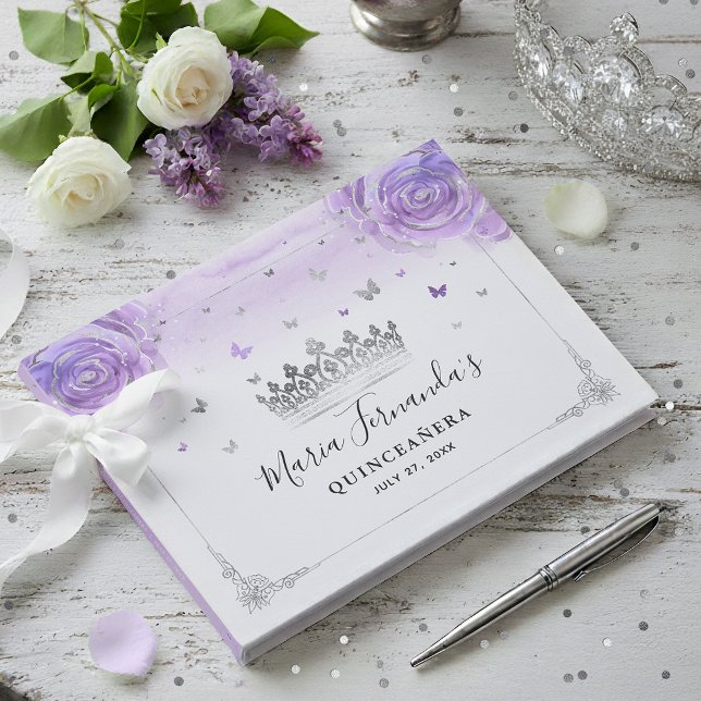 Livro De Visitas Rosa roxo claro e Coroa Elegante (Create a keepsake with an elegant light purple and silver guest book for your fairy tale event!)