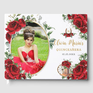 Livro De Visitas Rosa vermelha Floral Charro Boots Quinceanera Foto