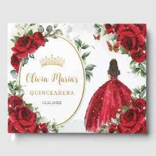 Livro De Visitas Rosa vermelha Floral Princesa Vestido Dourado Quin