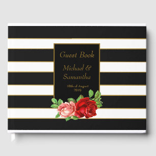 Livro De Visitas Rosa vermelha, preto, branco & listra do ouro -