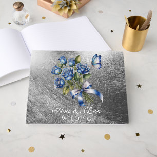 Livro De Visitas Rosas Azuis Elegantes e Borboleta Casamento Prata
