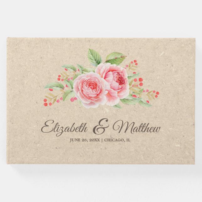 Livro De Visitas Rosas de Aquarela | Casamento de papel Kraft (Frente)