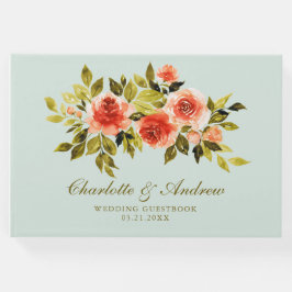 Livro De Visitas Rosas de Aquarela Elegante Casamento Verde